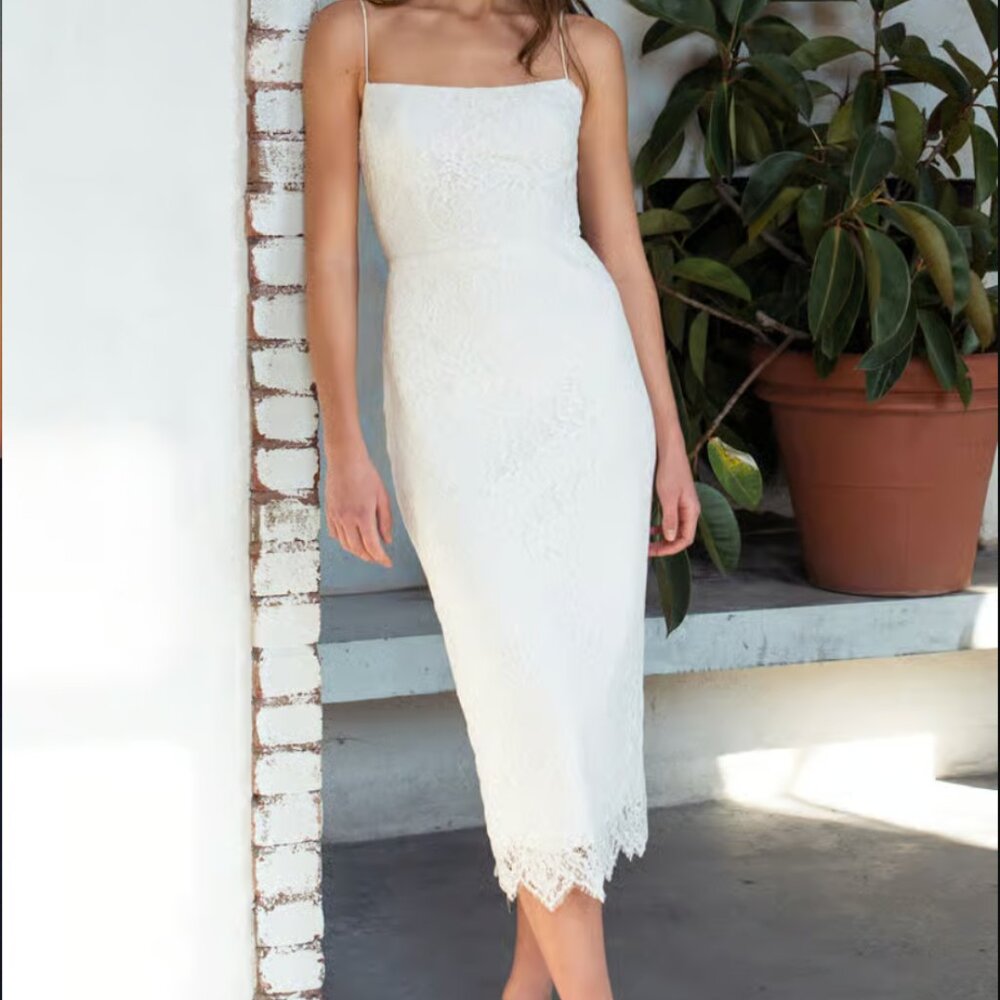 Jenny Yoo White Lace Sheath Midi Wedding Dress